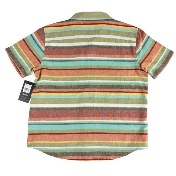 RVCA Riviera Boys Button Up Shirt Sz M Short Sleeve Pocket Striped Logo Colorful - Picture 2 of 13